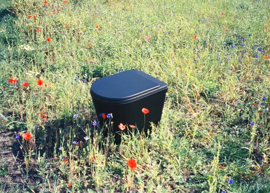 Black Luna with closed lid standing in green meadow with poppies and cornflowers in daylight.